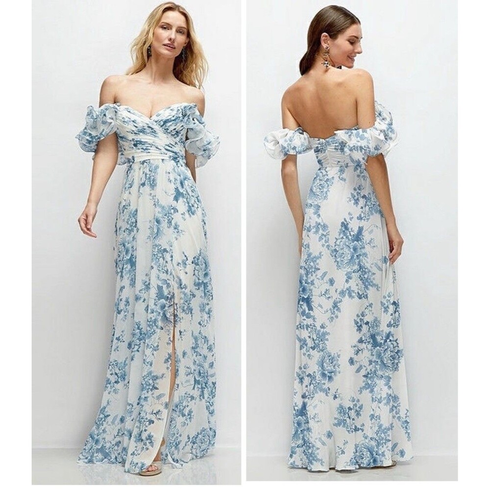 Dessy Dramatic Ruffle Edge Strap Chiffon Maxi Dress Cottage Rose Blue Size 0 NWT
